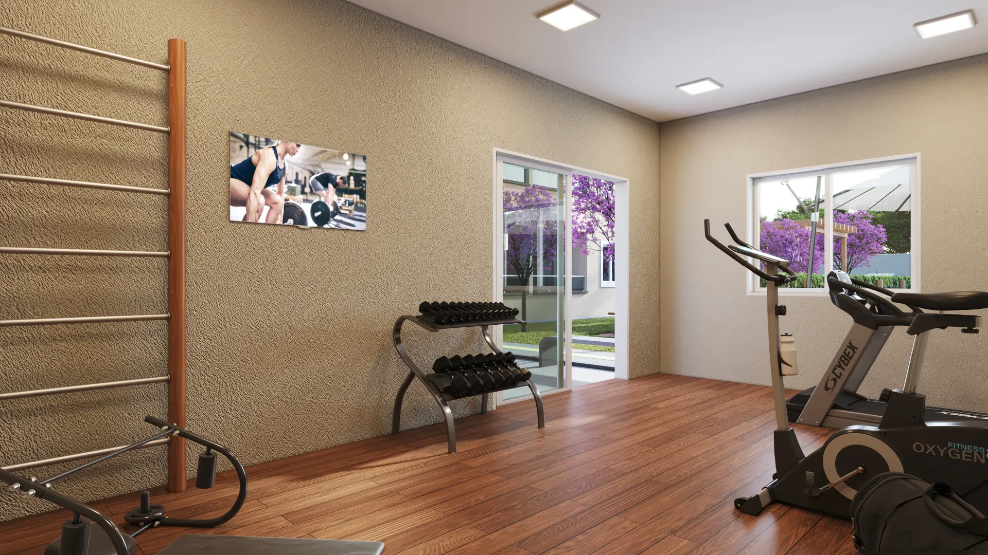 Espaço fitness do Alameda dos Ipês, com equipamentos e vista para o jardim