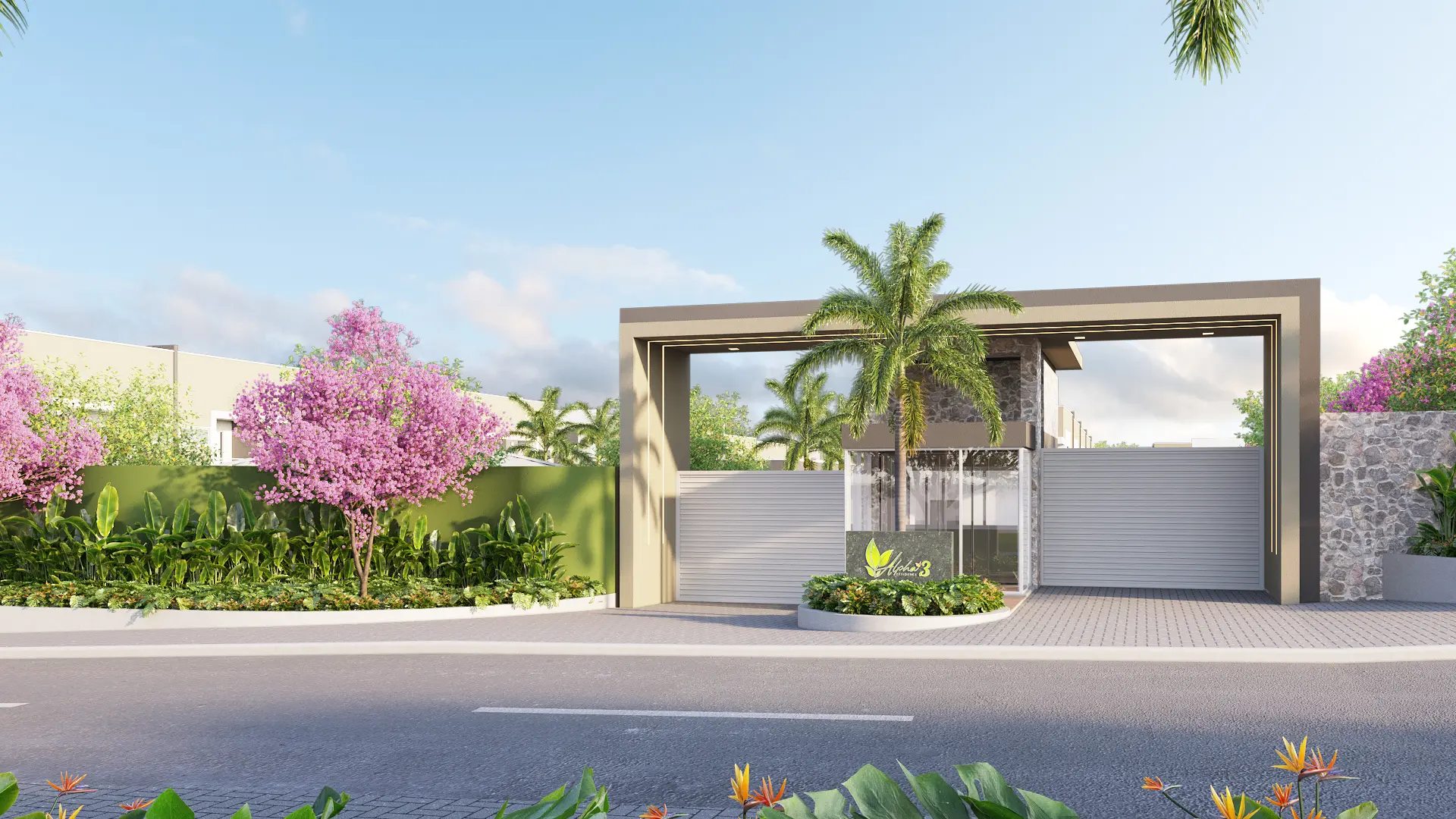 Portaria e entrada do Alpha Residence 3, com guarita de segurança e portões