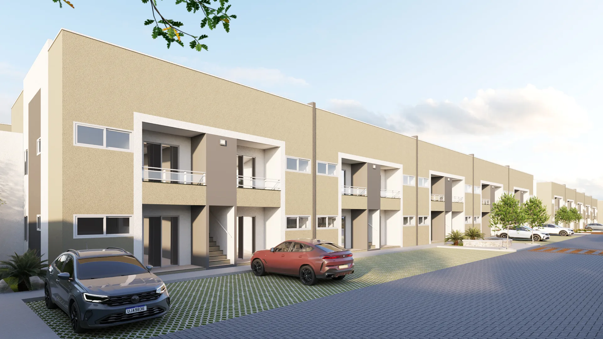 Fachada dos blocos do Alpha Residence 3, com varandas e estacionamento em frente às unidades