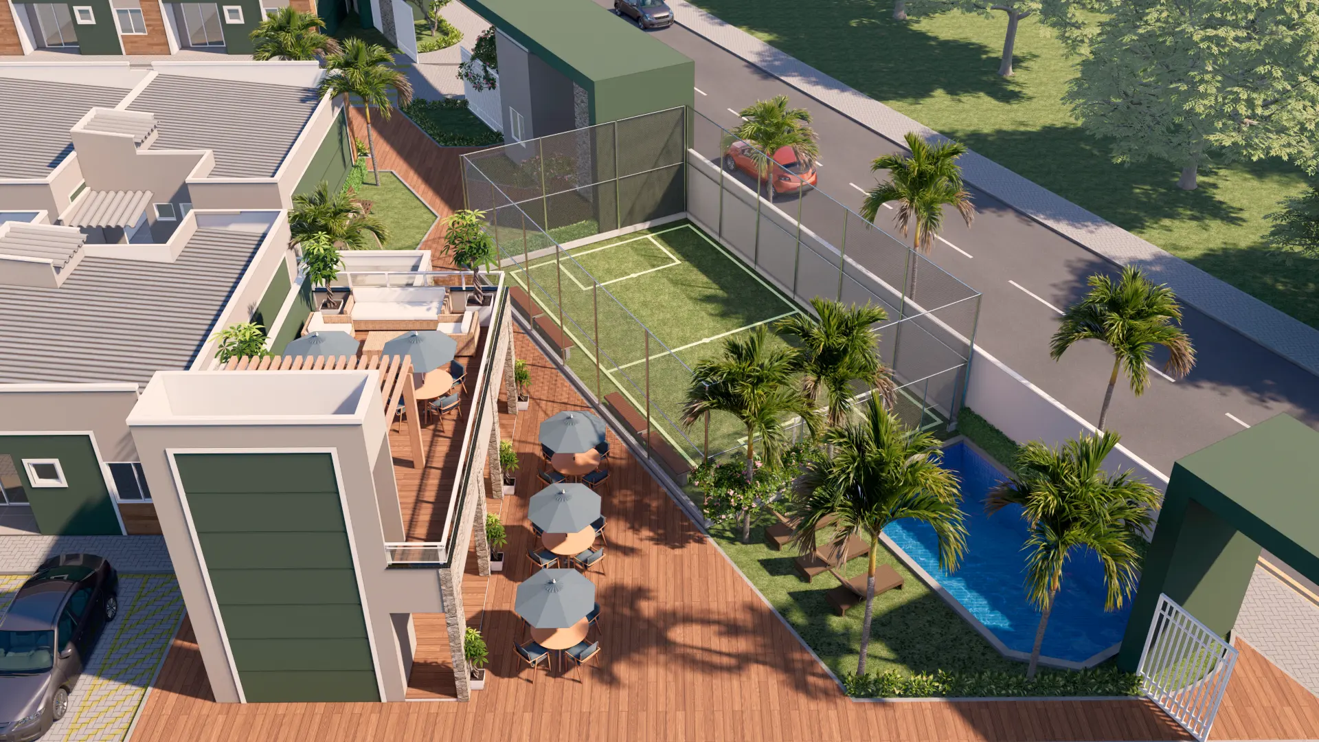 Área de lazer do Celine Residence vista de cima, com piscina e quadra