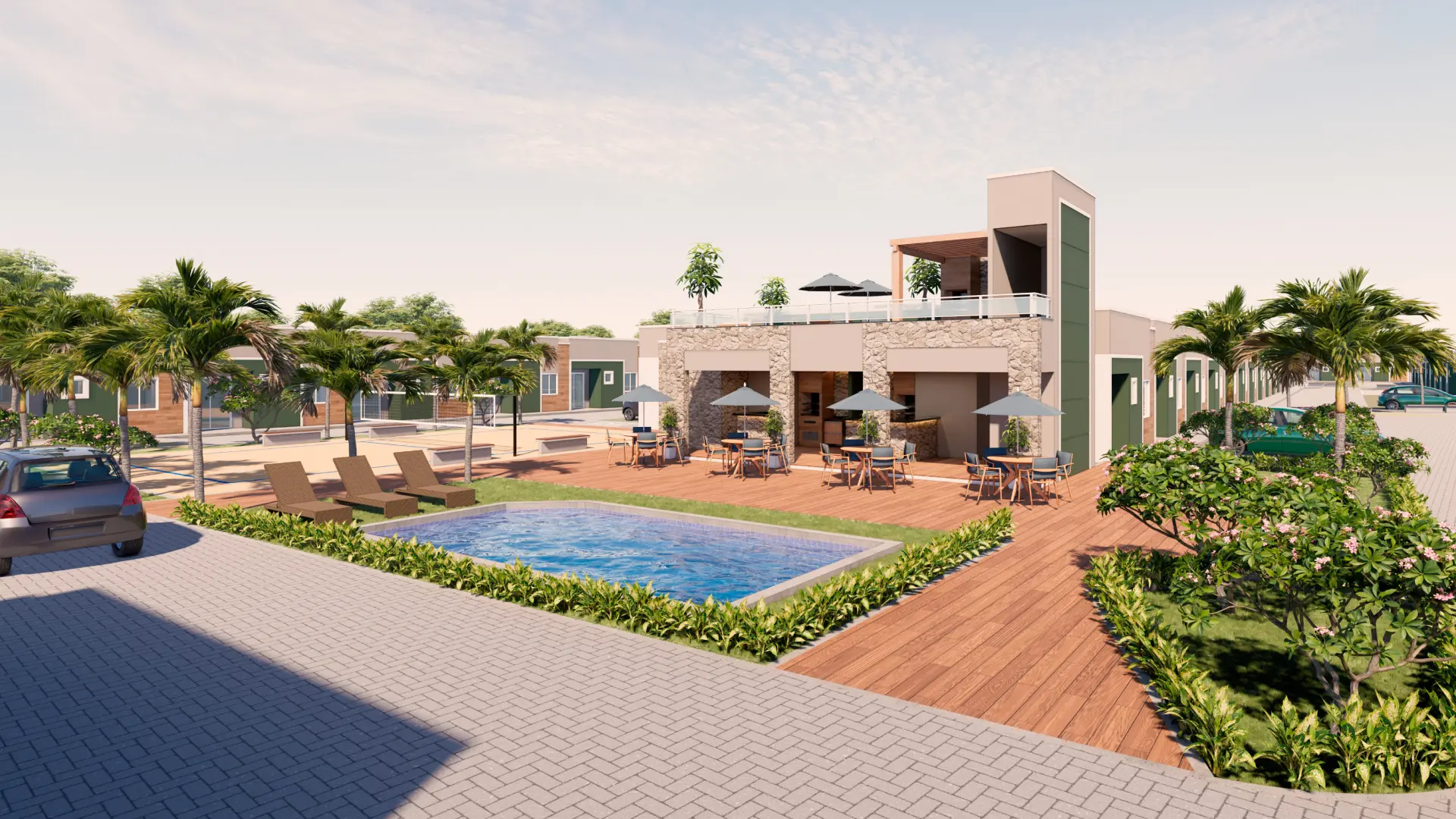Piscina e espaço de convivência do Celine Residence