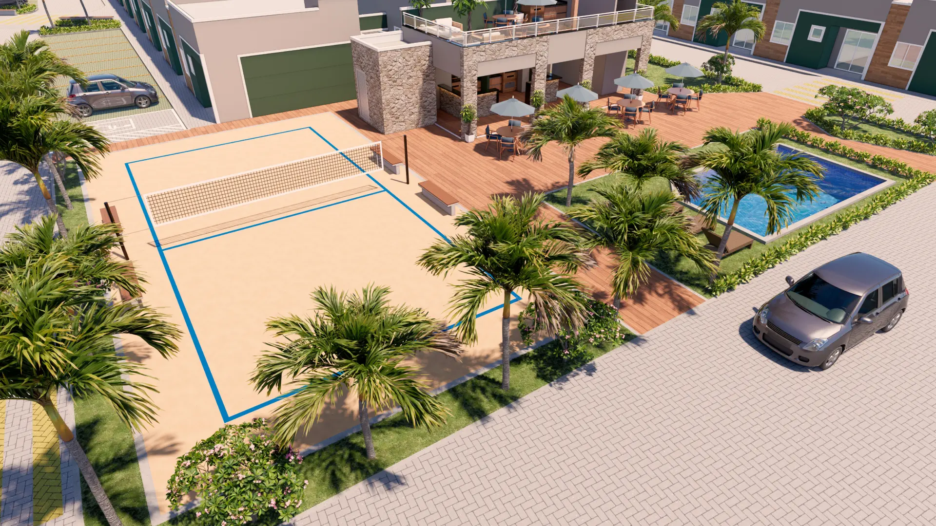 Quadra de areia e piscina do Celine Residence